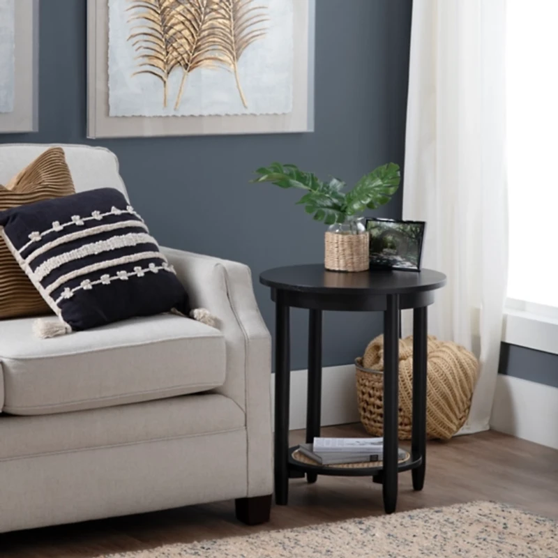 Black Wood and Rattan Boho Coffee Table