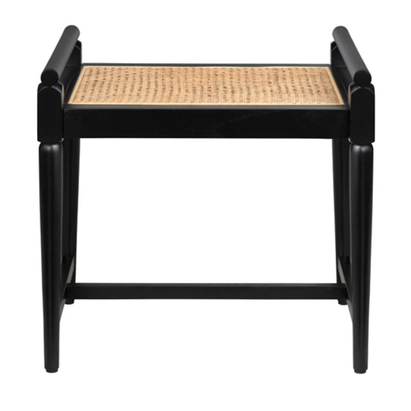Black Wood and Rattan Boho Bench