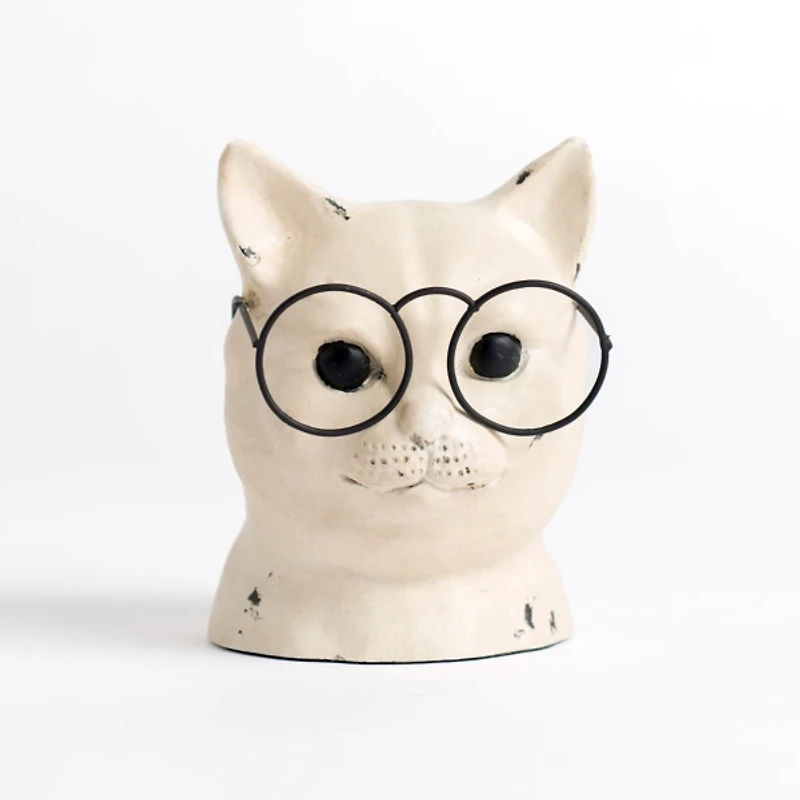 Distressed Cream Cat with Glasses Figurine