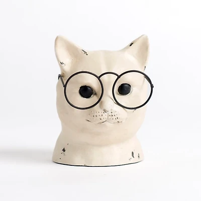 Distressed Cream Cat with Glasses Figurine