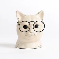 Distressed Cream Cat with Glasses Figurine