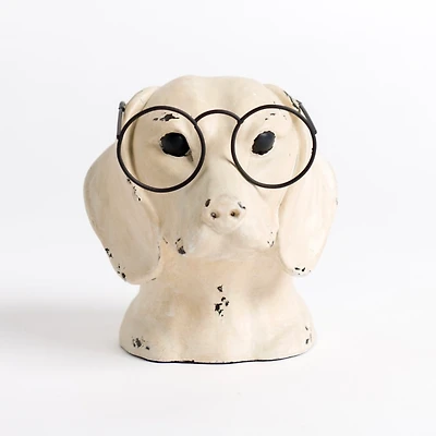 Distressed Cream Dog with Glasses Figurine