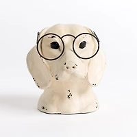 Distressed Cream Dog with Glasses Figurine