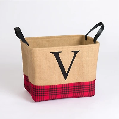 Monogrammed V Red and Black Plaid Jute Bin