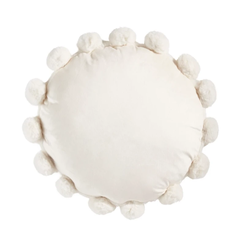 White Faux Fur Round Pom Pom Throw Pillow