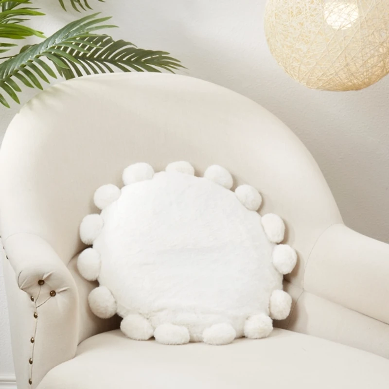 White Faux Fur Round Pom Pom Throw Pillow