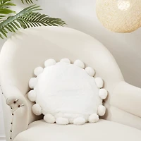 White Faux Fur Round Pom Pom Throw Pillow