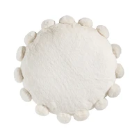 White Faux Fur Round Pom Pom Throw Pillow