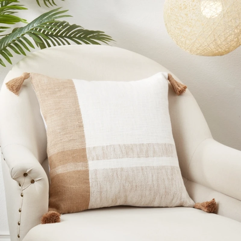 Brown and Cream Checkered Tassel Throw Pillow