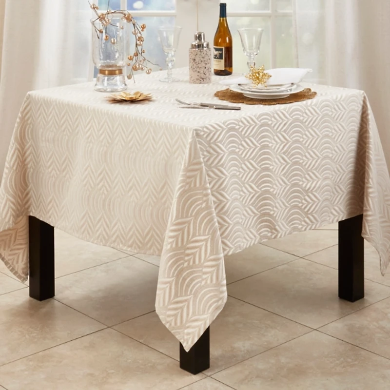 Beige Jacquard Leaf Tablecloth, 72 in.