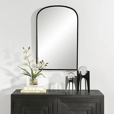Black Simple Round Top Wall Mirror