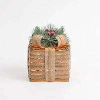 Pre-Lit Braided Burlap Christmas Gift Box, 6 in.