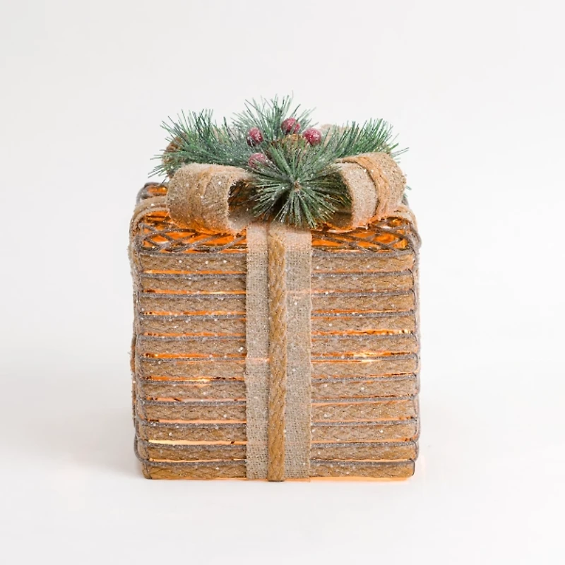 Pre-Lit Braided Burlap Christmas Gift Box
