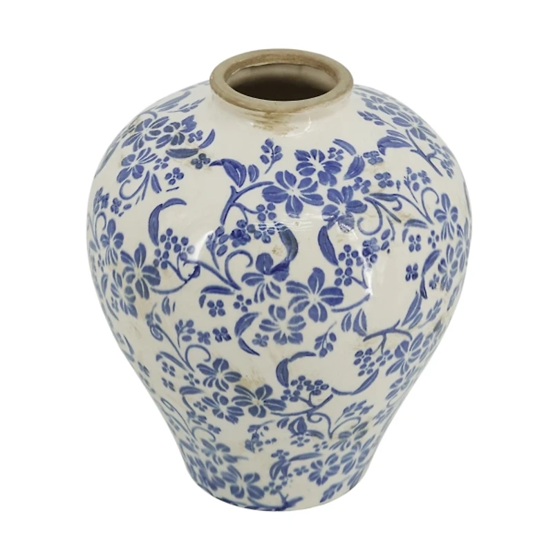 Blue and White Floral Urn Ceramic Vase, 11 in.