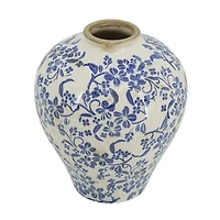 Blue and White Floral Urn Ceramic Vase, 11 in.