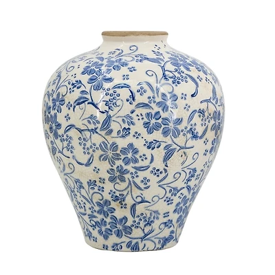 Blue and White Floral Urn Ceramic Vase, 11 in.