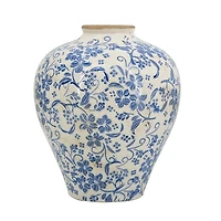 Blue and White Floral Urn Ceramic Vase, 11 in.
