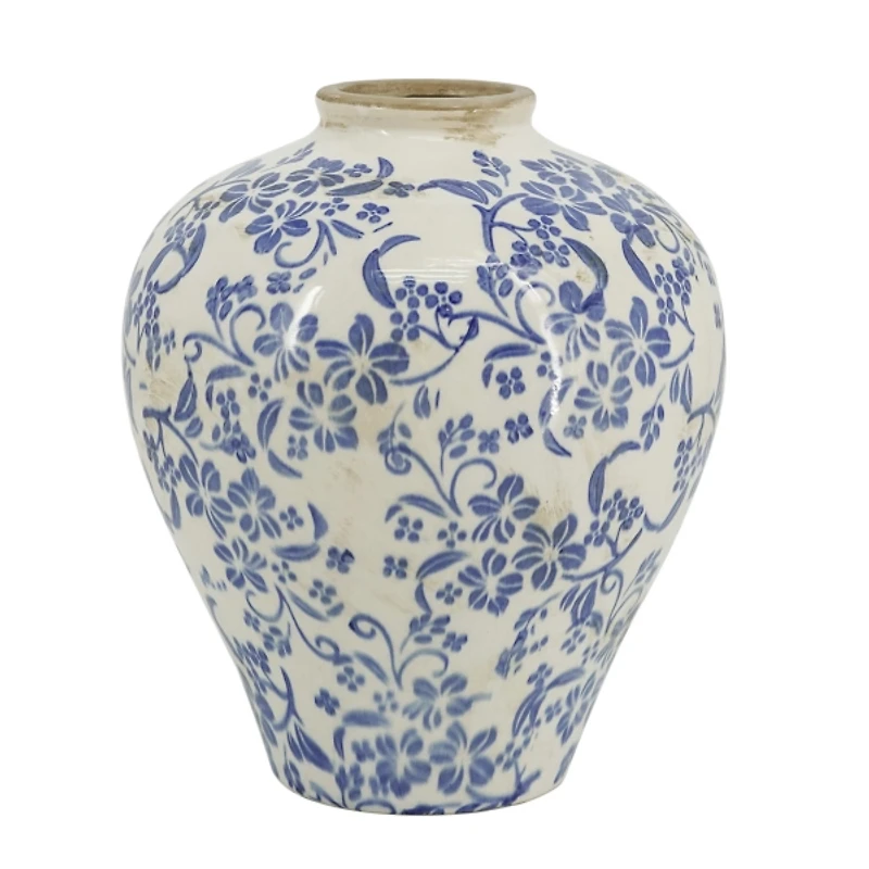 Blue and White Floral Urn Ceramic Vase, 11 in.