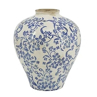 Blue and White Floral Urn Ceramic Vase, 11 in.