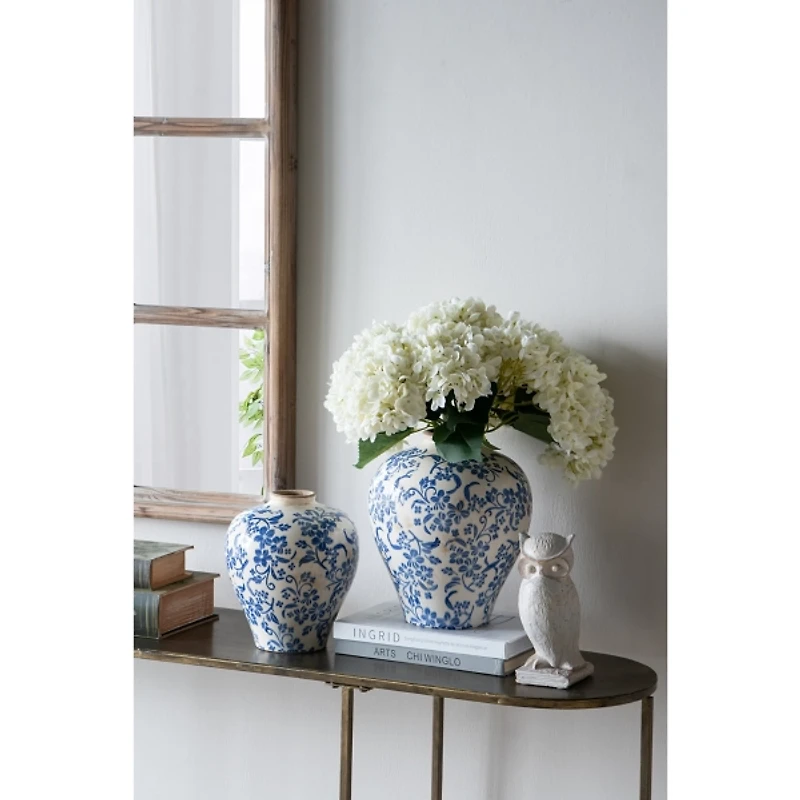 Blue and White Floral Urn Ceramic Vase, 11 in.