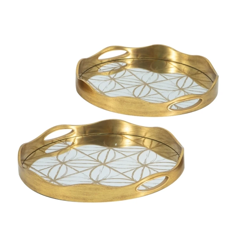 Gold Wavy Mirror Round Decorative Trays, Set of 2