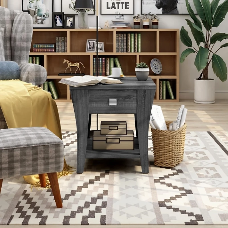 Charcoal Wood Single Drawer Side Table