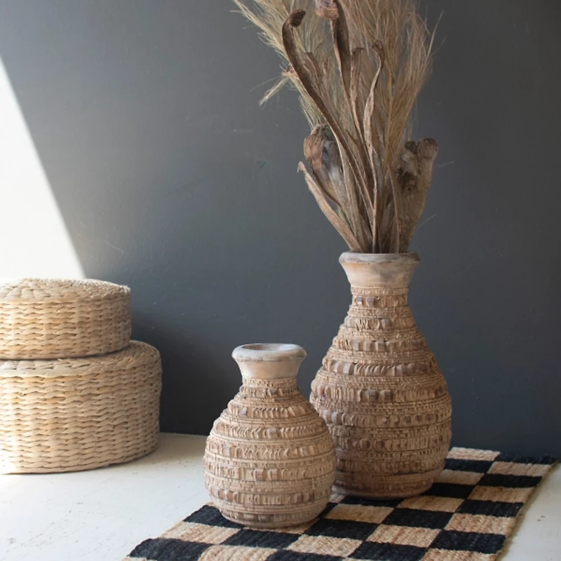 Natural Carved Textured Wood Vases, Set of 2