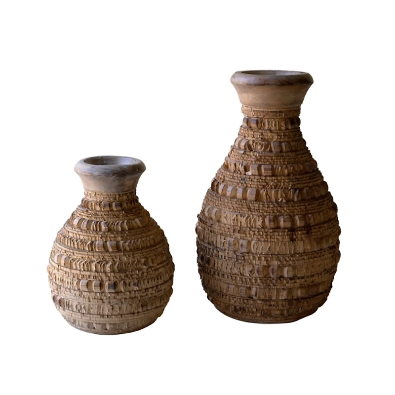 Natural Carved Textured Wood Vases, Set of 2