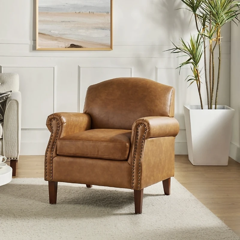 Camel Faux Leather Nailhead Taylor Armchair
