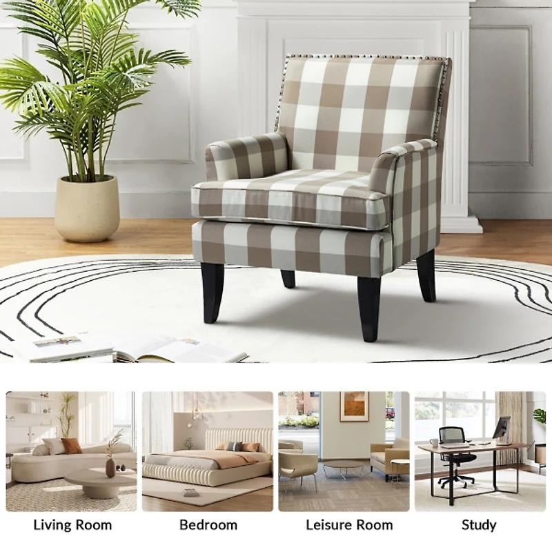 Beige Buffalo Check Upholstered Armchair
