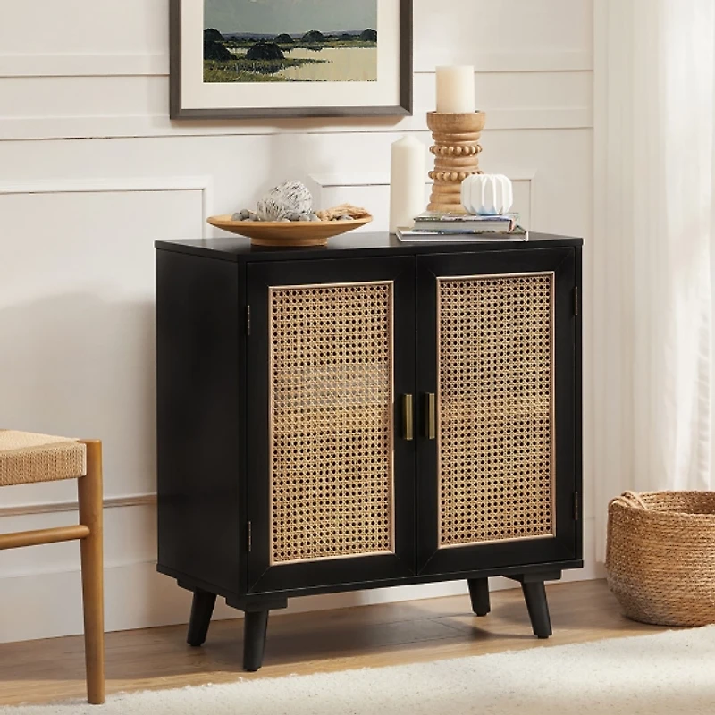 Black Wood and Rattan Carpinteria Cabinet
