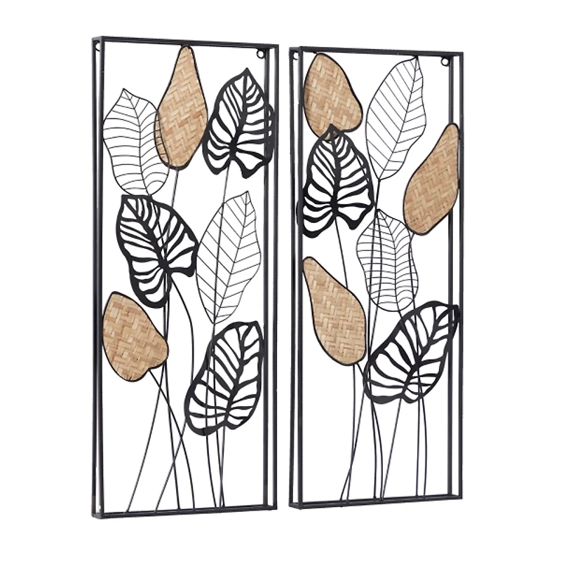Metal Palm Leaf Panel Wall Plaques, Set of 2