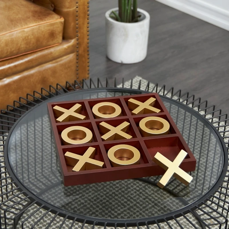 Brown Wood Gold Tic Tac Toe Game Set