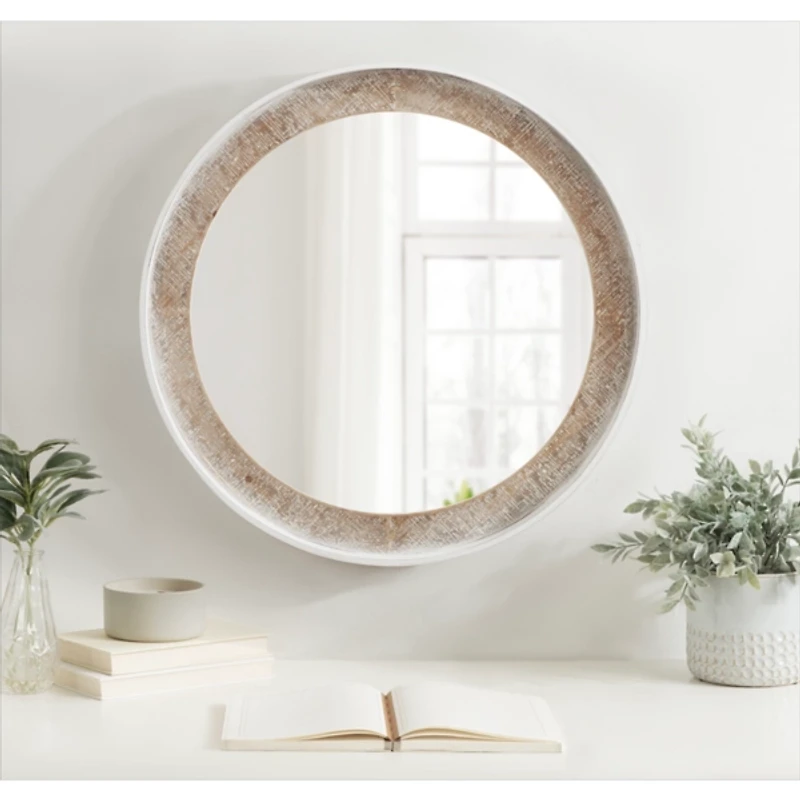White Rustic Wood Round Wall Mirror
