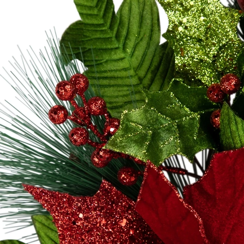 Green & Red Glitter Poinsettia Pine Wreath