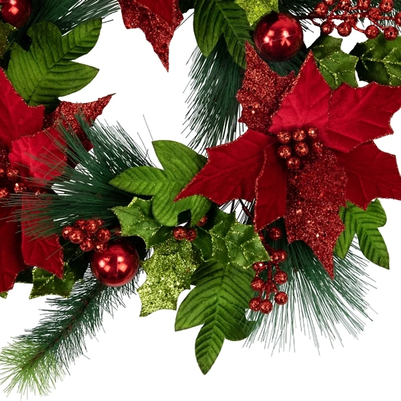 Green & Red Glitter Poinsettia Pine Wreath