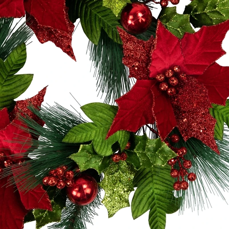 Green & Red Glitter Poinsettia Pine Wreath
