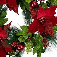 Green & Red Glitter Poinsettia Pine Wreath