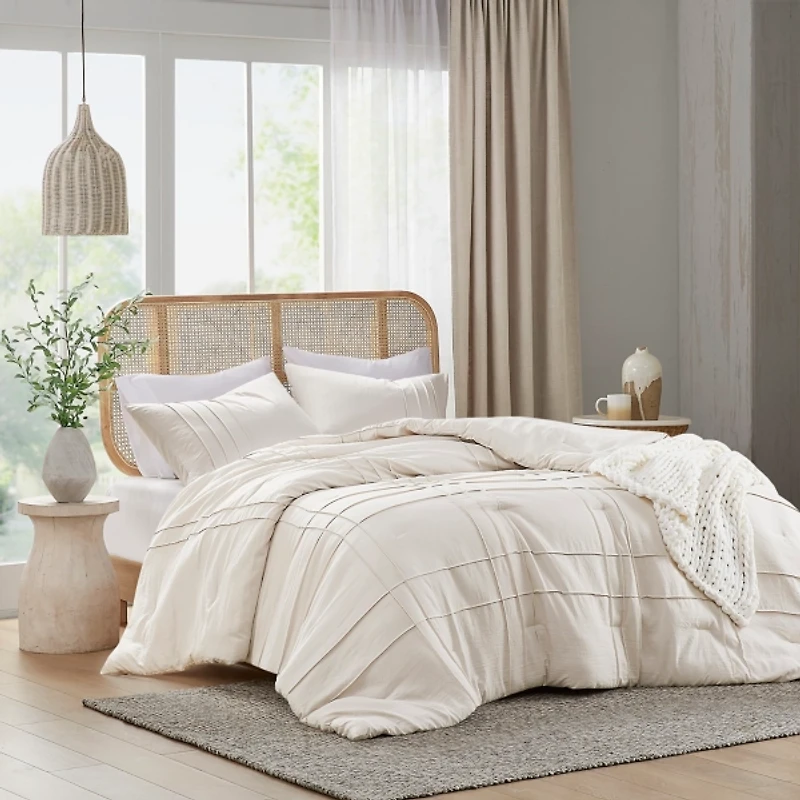 Neutral Pleated Grid Queen Comforter Set