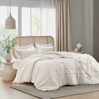 Neutral Pleated Grid Queen Comforter Set