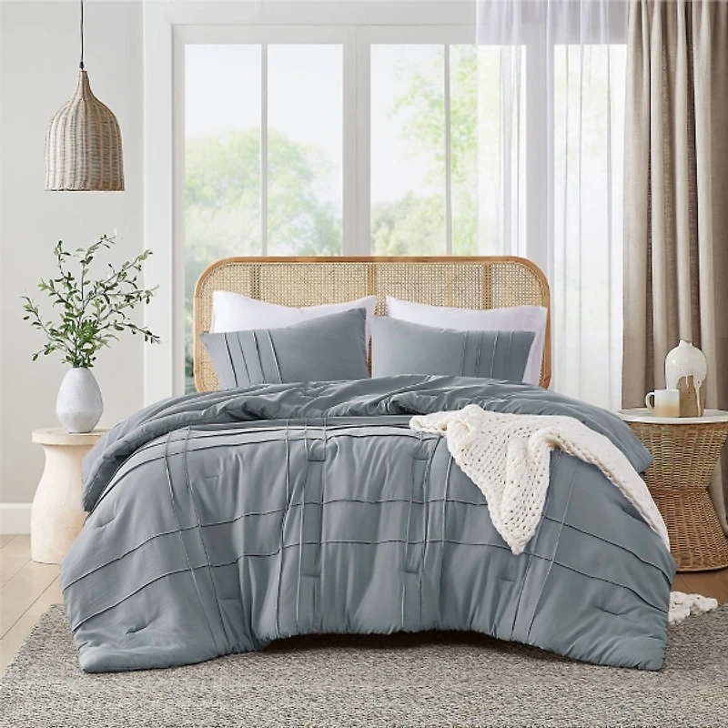Blue Gray Pleated Grid 3-pc. Queen Comforter Set