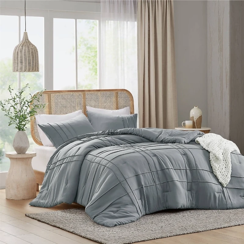 Blue Gray Pleated Grid 3-pc. King Comforter Set