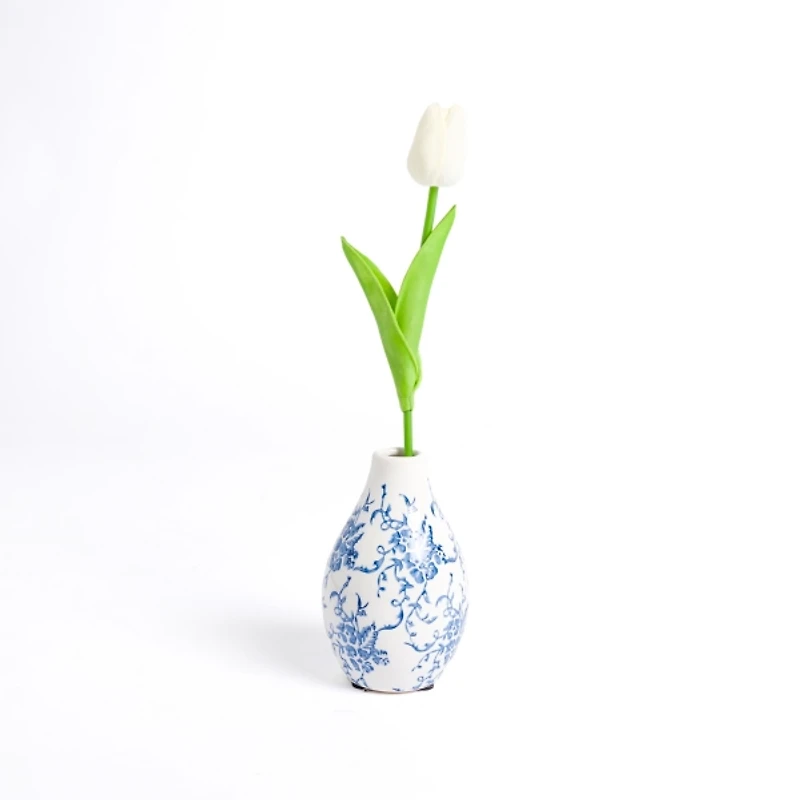 Blue and White Floral Ceramic Bud Vase, 5 in.