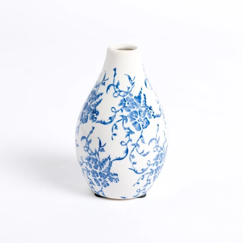 Blue and White Floral Ceramic Bud Vase, 5 in.