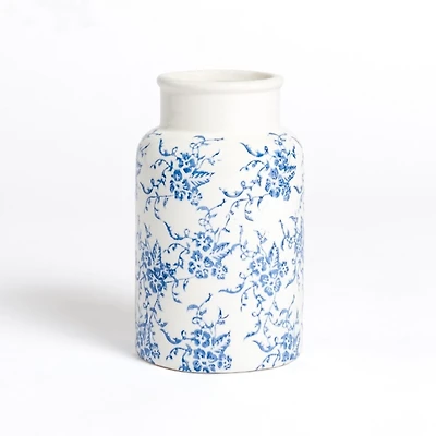 Blue and White Floral Ceramic Vase, 8 in.