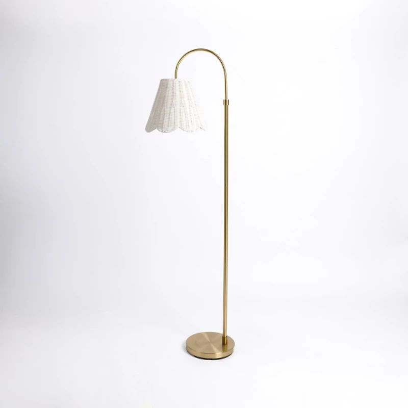 Gold Arched Floor Lamp with White Rattan Shade