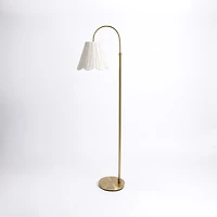 Gold Arched Floor Lamp with White Rattan Shade