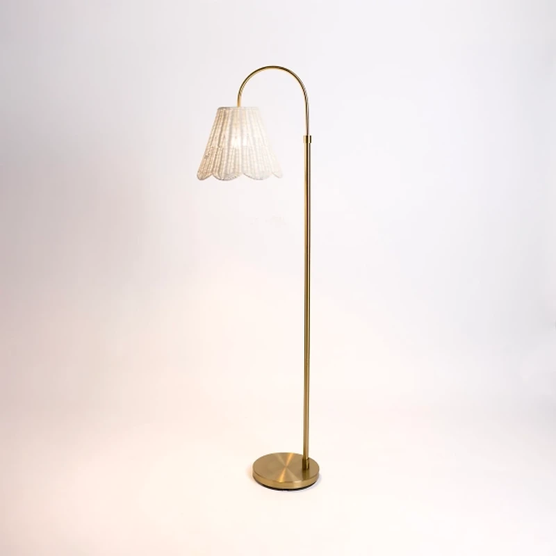 Gold Arched Floor Lamp with White Rattan Shade
