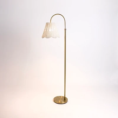 Gold Arched Floor Lamp with White Rattan Shade