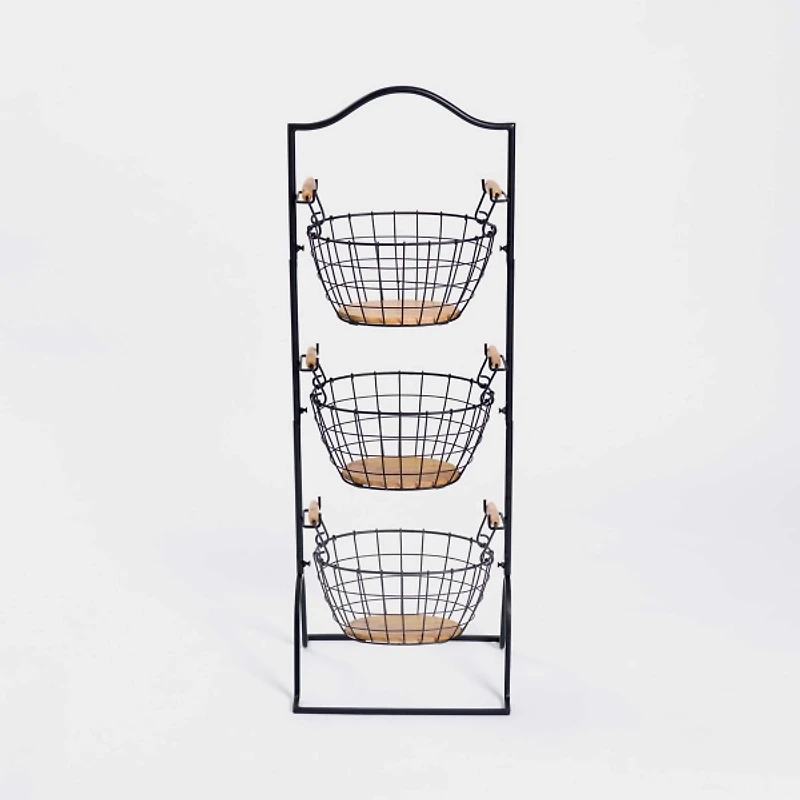 Black Metal 3-Tier Basket Tower